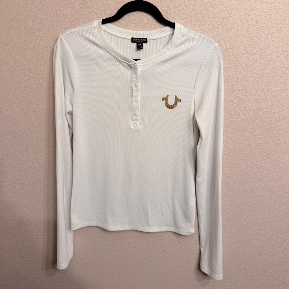 True Religion Womens White Ribbed Long Sleeve Henley Top Horseshoe Logo Size M